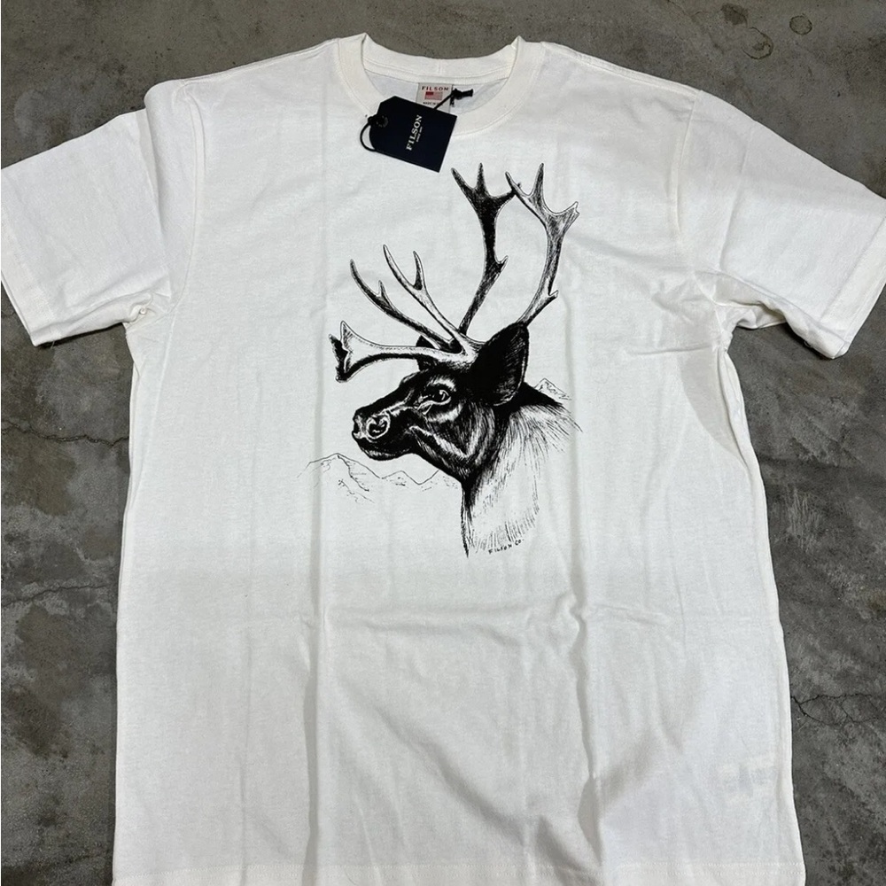 NWT Filson Caribou Short Sleeve T Shirt Pioneer Graphic White Black USA